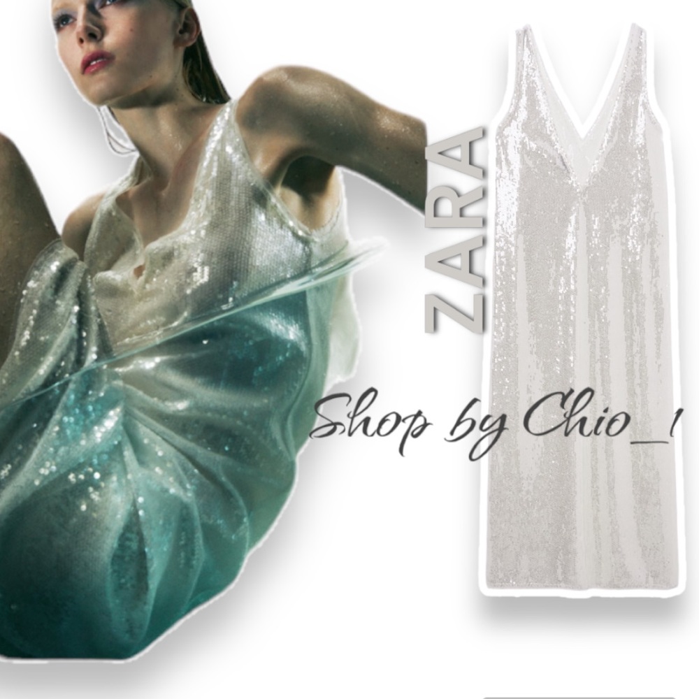 ZARA SEQUIN MIDI DRESS 
 V-neck with wide straps bloggers favorite